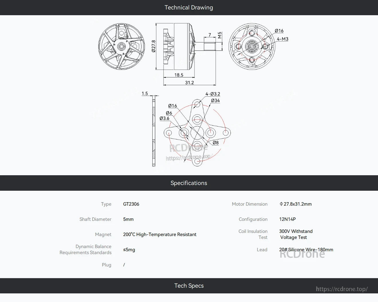Technical drawing and specs for T-Hobby GT2306 FPV wing motor, 27.8×31.2mm body, 5mm shaft, 12N14P