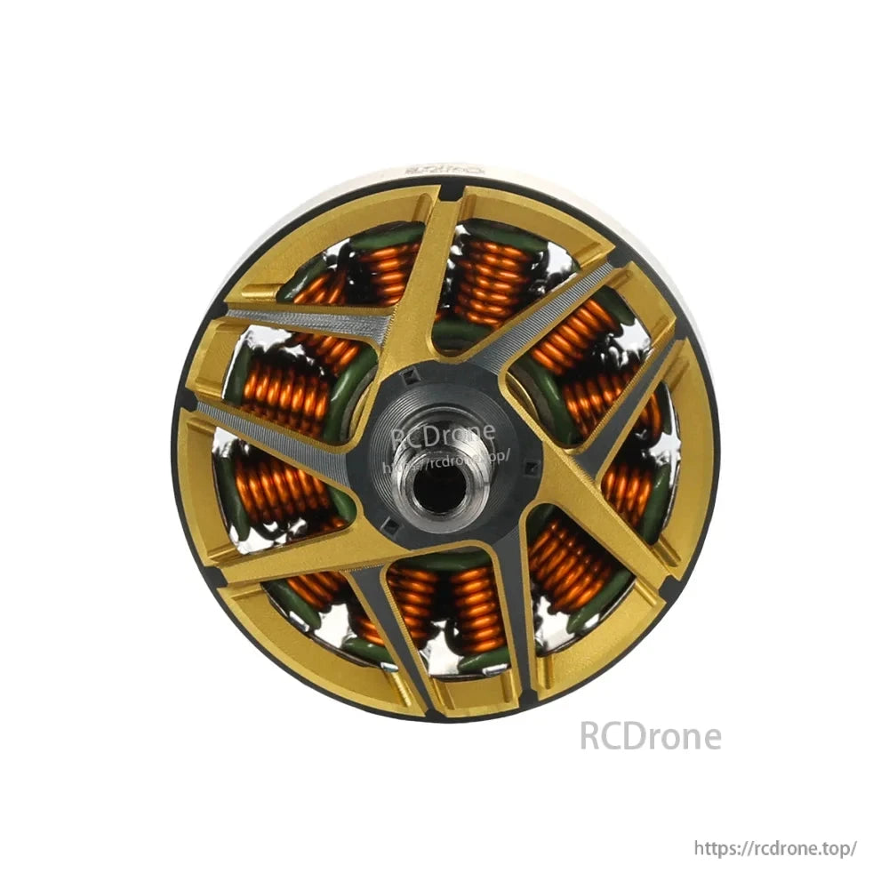 T-Hobby GT2306 FPV Wing Motor, Top view of T-Hobby GT2306 FPV wing brushless motor with gold frame, exposed copper windings, and center shaft