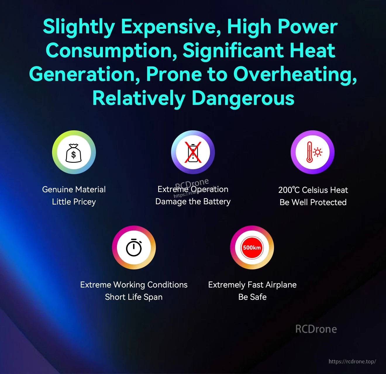 T-Hobby GT2306 FPV Wing Motor, Safety warning graphic noting high heat generation, overheating risk, and potential battery damage under extreme operation