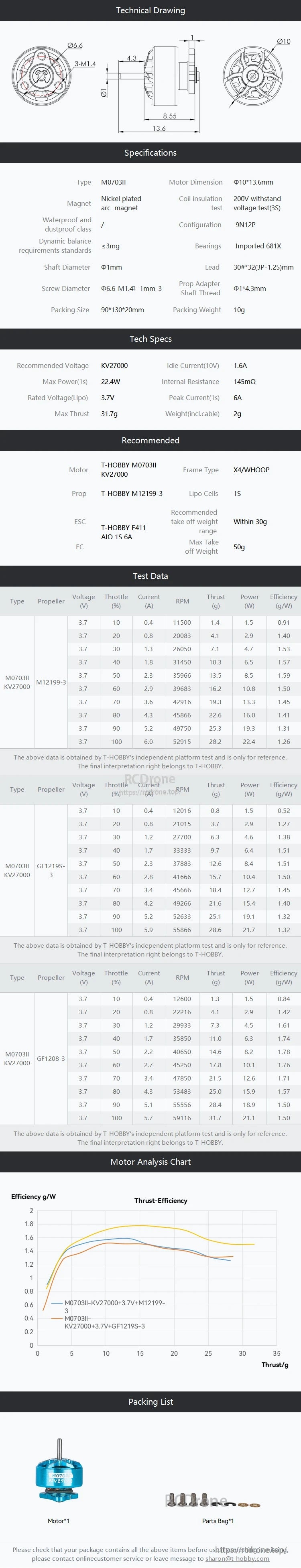 T-Hobby M0703 II 27000KV micro motor spec sheet with technical drawing, dimensions, and included screws