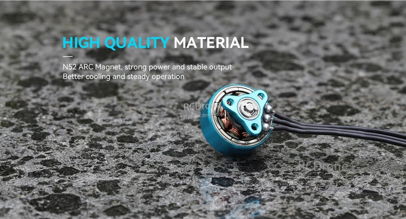 T-Hobby M0803II 0803 22000KV FPV Motor, T-Hobby M0803II micro FPV brushless motor in blue with exposed windings and three-wire lead, N52 arc magnet text