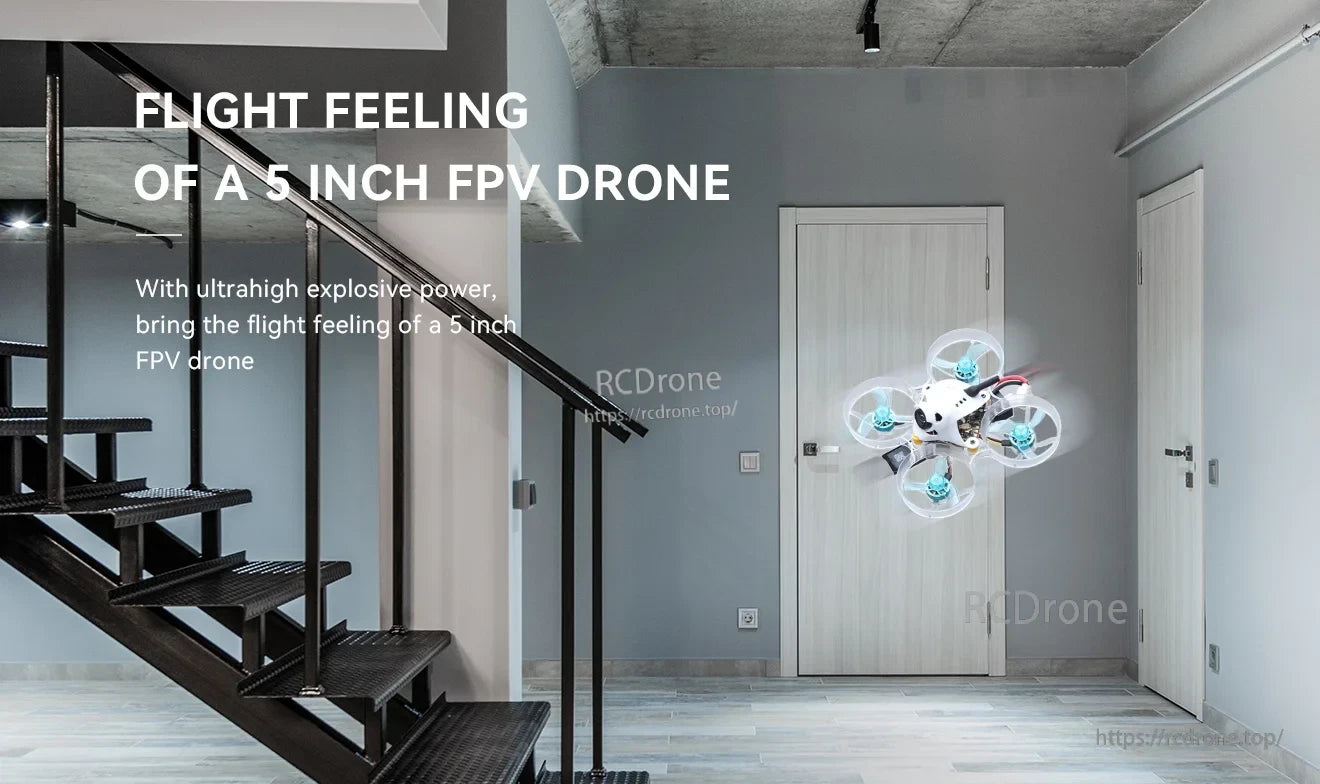 T-Hobby M0803II 0803 22000KV FPV Motor, Small ducted FPV whoop drone flying indoors with text overlay about 5-inch FPV flight feeling