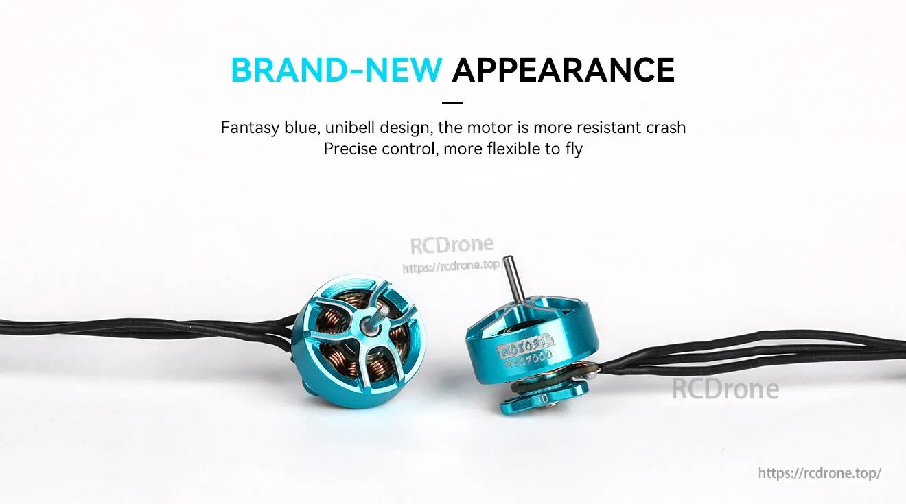 T-Hobby M0803II 0803 22000KV FPV Motor, T-Hobby M0803II 0803 FPV brushless motor in blue unibell design with attached motor wires