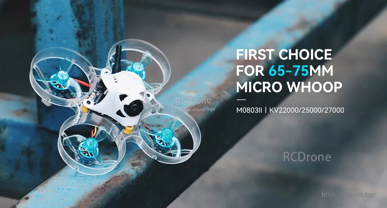 T-Hobby M0803II 0803 22000KV FPV Motor, Micro whoop FPV quad with ducted props and M0803II 0803 motors, labeled for 65–75mm builds (KV 22000/25000/27000)