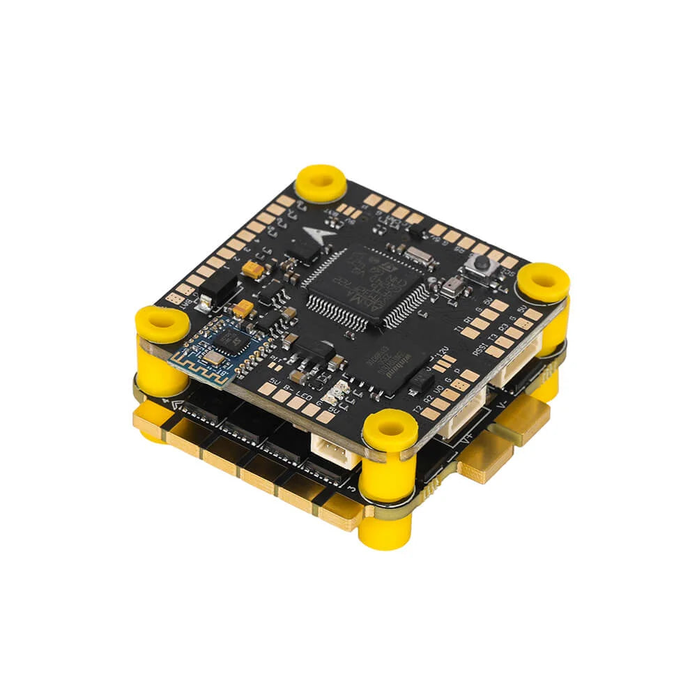 T-Hobby Velox FPV stack with F7 flight controller and 4-in-1 ESC, stacked boards with yellow soft mounts