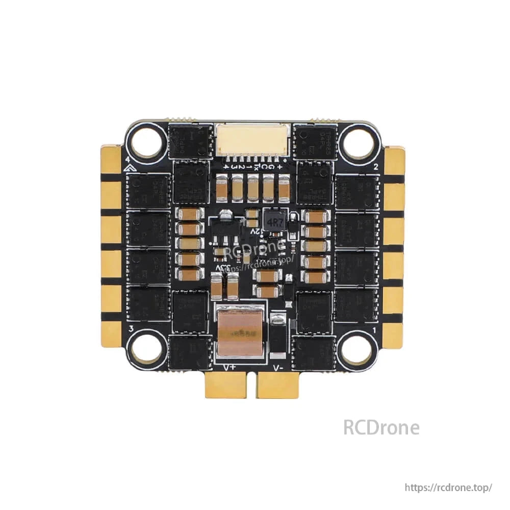 T-Hobby Velox 4-in-1 FPV drone ESC board with MOSFET array, motor solder pads and top plug connector