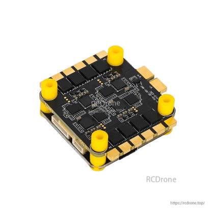 T-Hobby Velox FPV stack with 4-in-1 ESC and flight controller boards, soft-mounted with yellow silicone grommets
