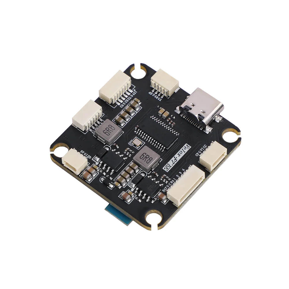 T-Hobby Velox F7 SE FPV flight controller board with USB-C port, JST plug connectors, and 30.5mm mounting holes