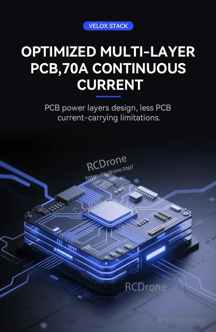 Velox FPV stack multi-layer PCB graphic with text noting 70A continuous current design