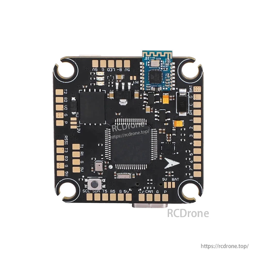 T-Hobby Velox F7 SE FPV flight controller board with onboard Bluetooth module and labeled solder pads
