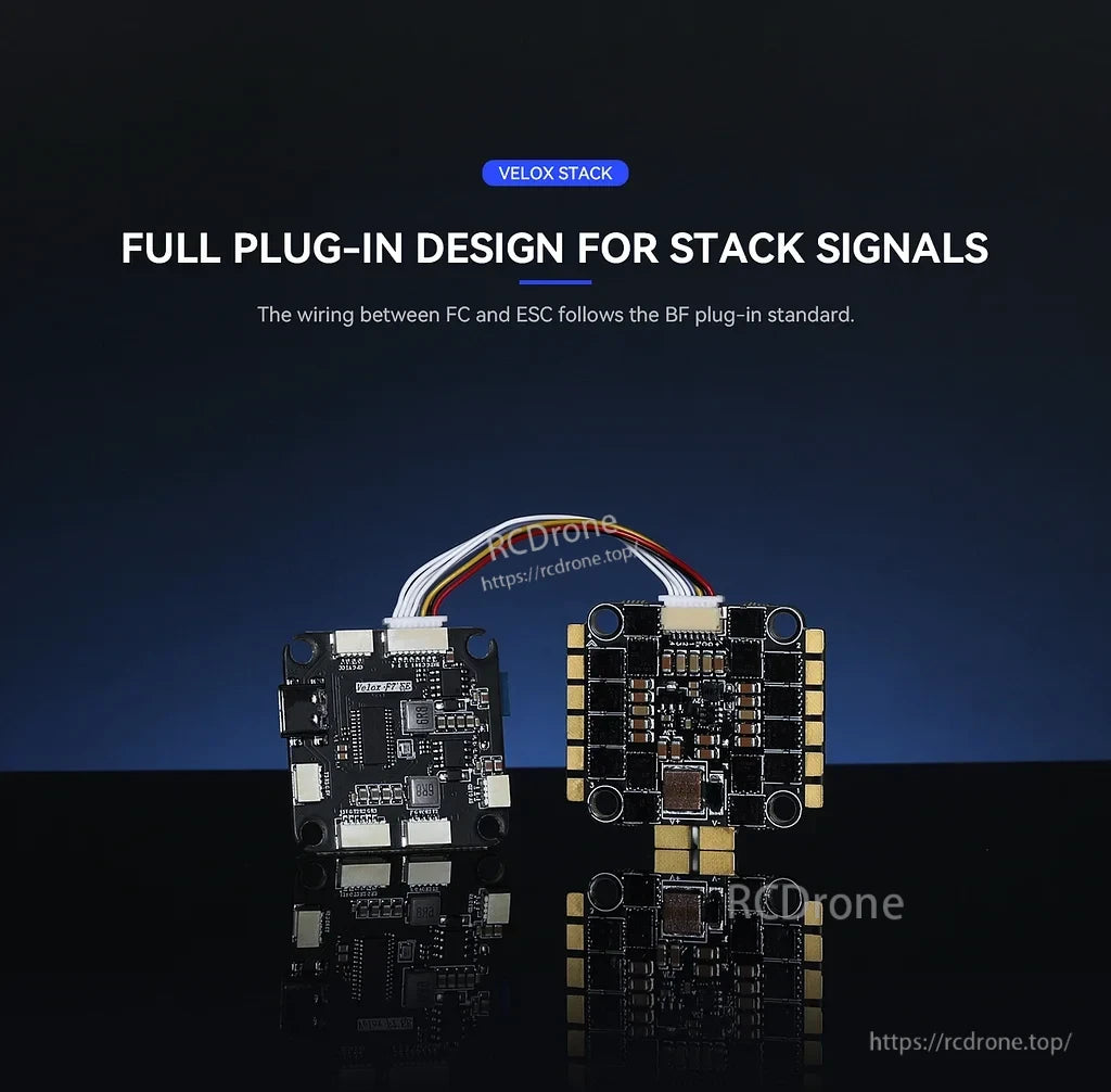 T-Hobby Velox FPV stack FC and 4-in-1 ESC with BF plug-in wiring harness, shown as two stacked boards