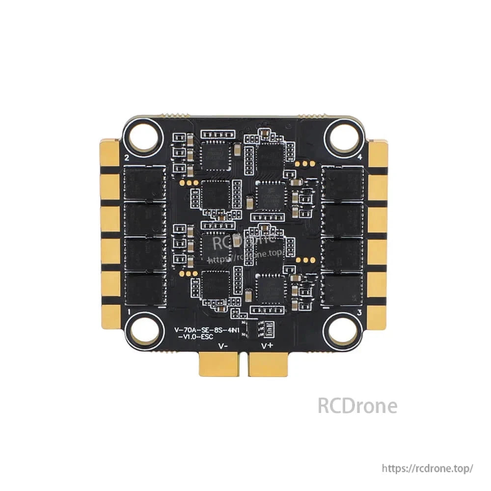 T-Hobby Velox V70A SE 8S 4-in-1 ESC board with four mounting holes and V+ / V- battery pads