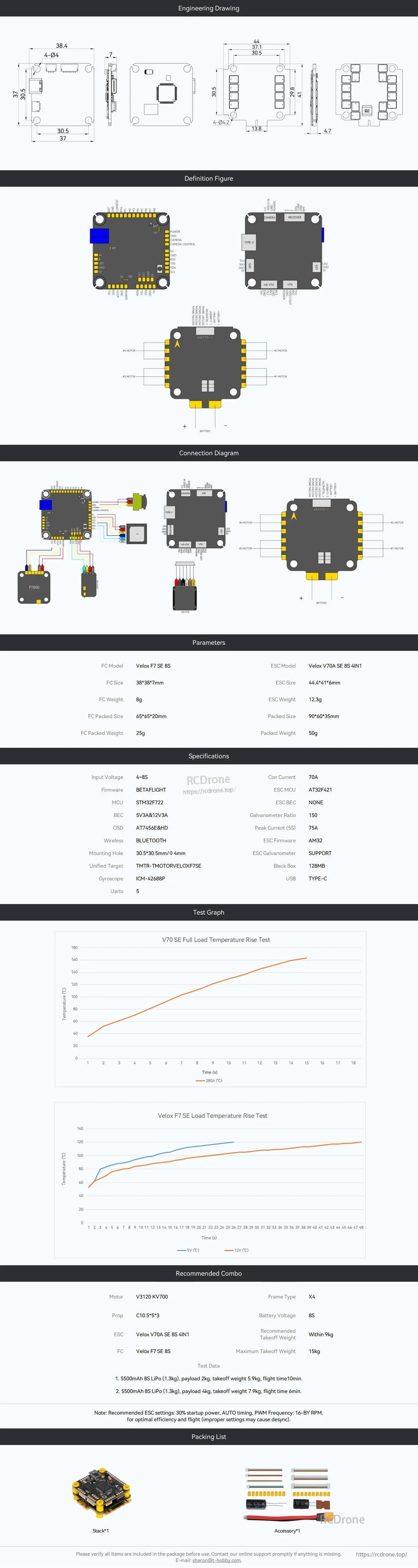 T-Hobby Velox FPV stack diagram with FC/ESC dimensions, wiring connections, key specs and packing list