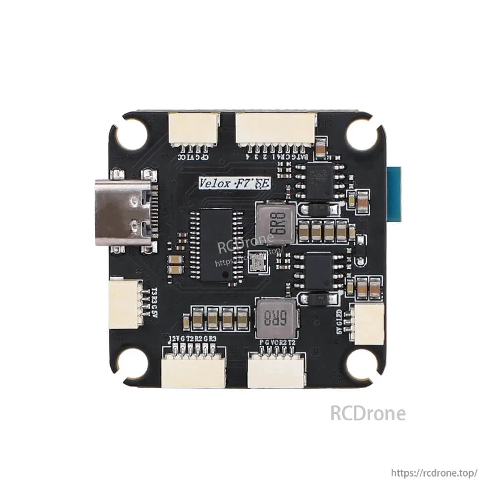 T-Hobby Velox F7 SE FPV flight controller board with USB-C port, plug-in connectors, and 4 mounting holes