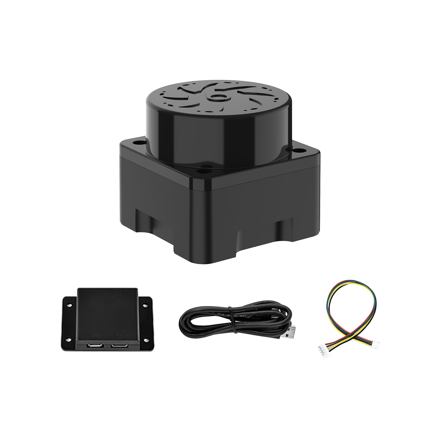 Yahboom T-MINI Plus TOF LiDAR sensor with serial adapter board, USB-C data cable, and connecting wire set