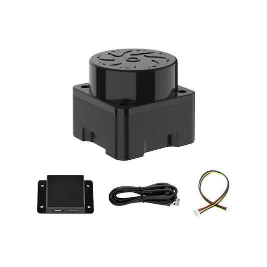 Yahboom T-MINI Plus TOF LiDAR sensor with serial adapter board, USB-C data cable, and connecting wire set