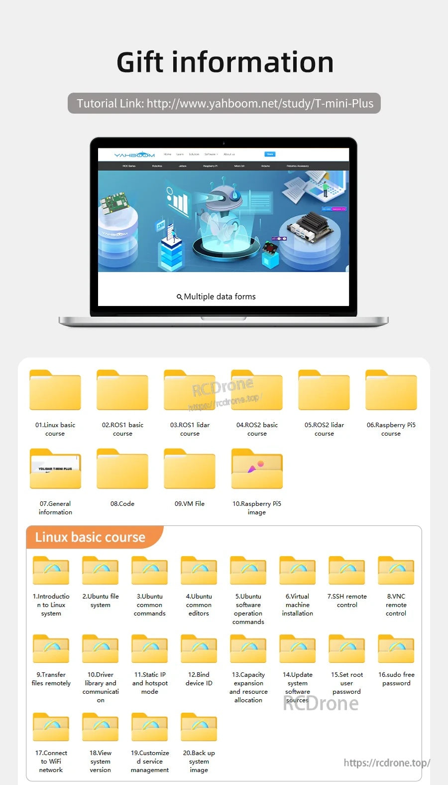 Gift information graphic with tutorial link, laptop screen, and download folders for Linux basic course materials