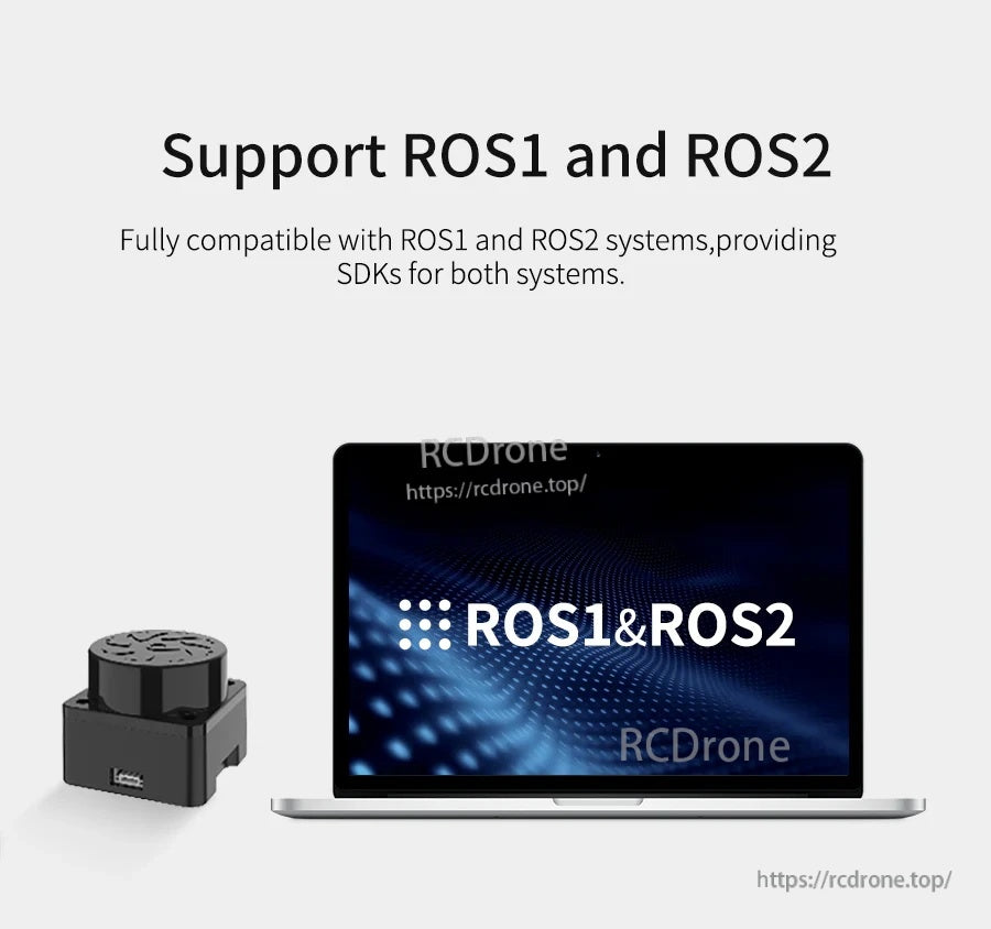 Yahboom T-MINI Plus TOF LiDAR sensor with ROS1 & ROS2 support graphic beside a laptop display