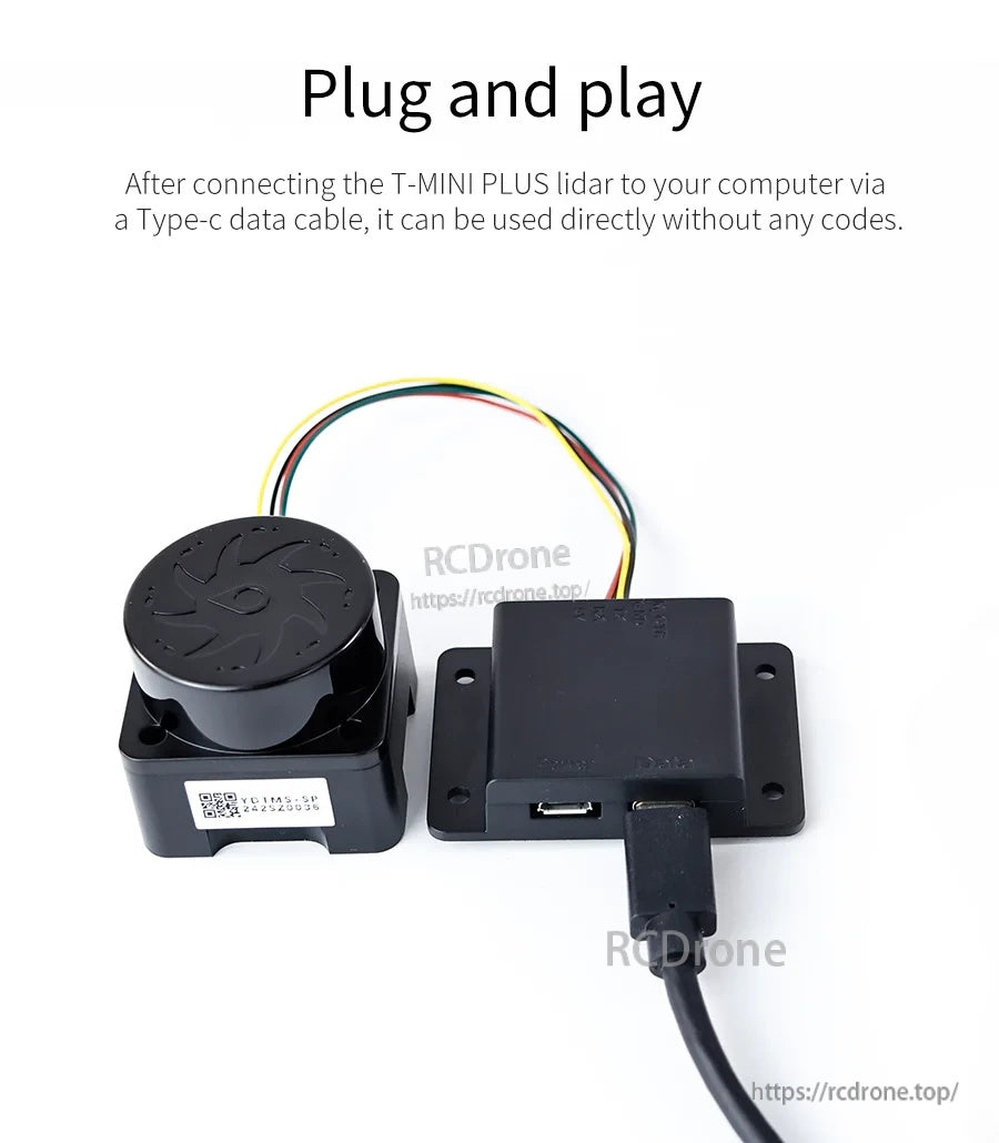 Yahboom T-MINI Plus TOF LiDAR sensor module connected to a USB-C interface box with wiring harness