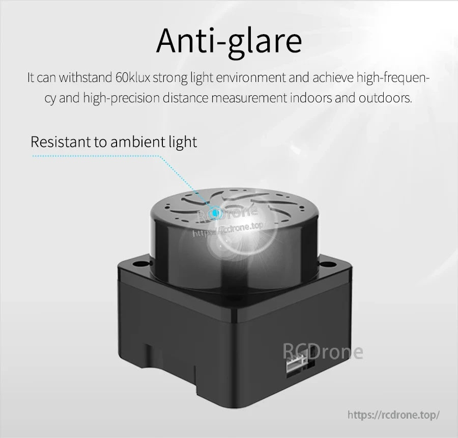 Anti-glare graphic noting ambient light resistance up to 60 kLux for TOF LiDAR measurement