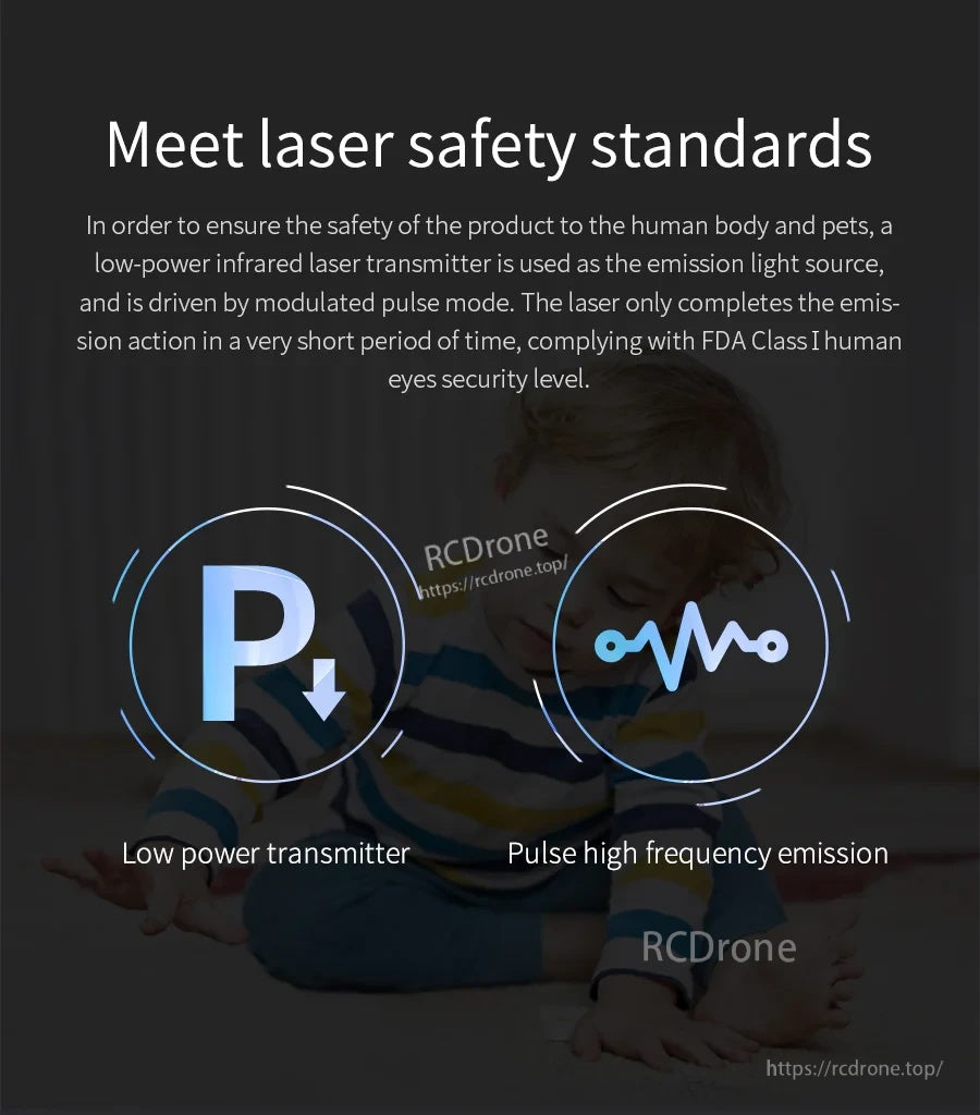 Laser safety standards graphic for Yahboom T-MINI Plus TOF LiDAR, noting low-power IR transmitter and pulsed emission