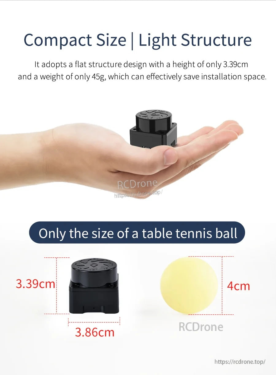 Yahboom T-MINI Plus TOF LiDAR Sensor shown in a hand with compact 38.6 × 38.6 mm footprint callouts