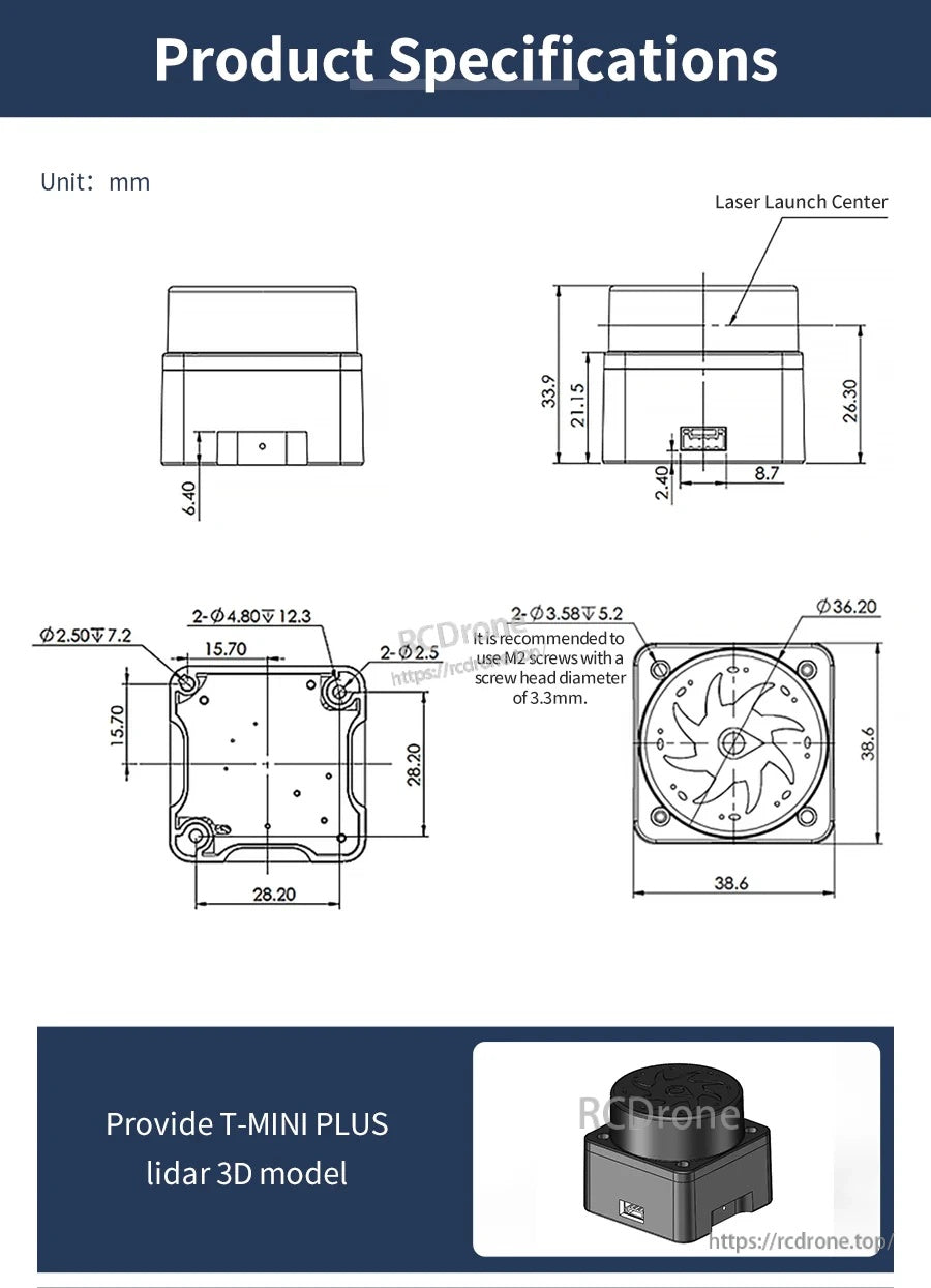 Dimensioned technical drawing of Yahboom T-MINI Plus TOF LiDAR sensor with mounting hole layout and height measurements
