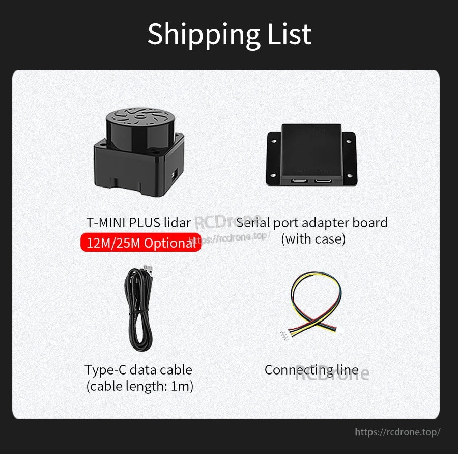 Yahboom T-MINI Plus TOF LiDAR kit with serial port adapter board (case), Type-C cable, and connecting wire