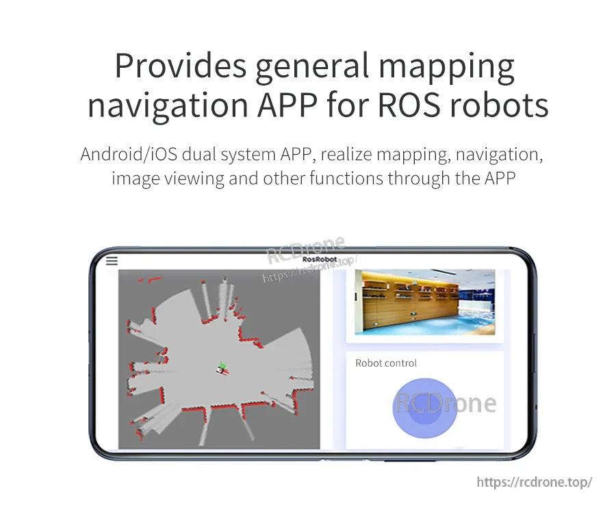 Smartphone interface for ROS robot mapping and navigation app, showing a LiDAR-style map view and robot control panel