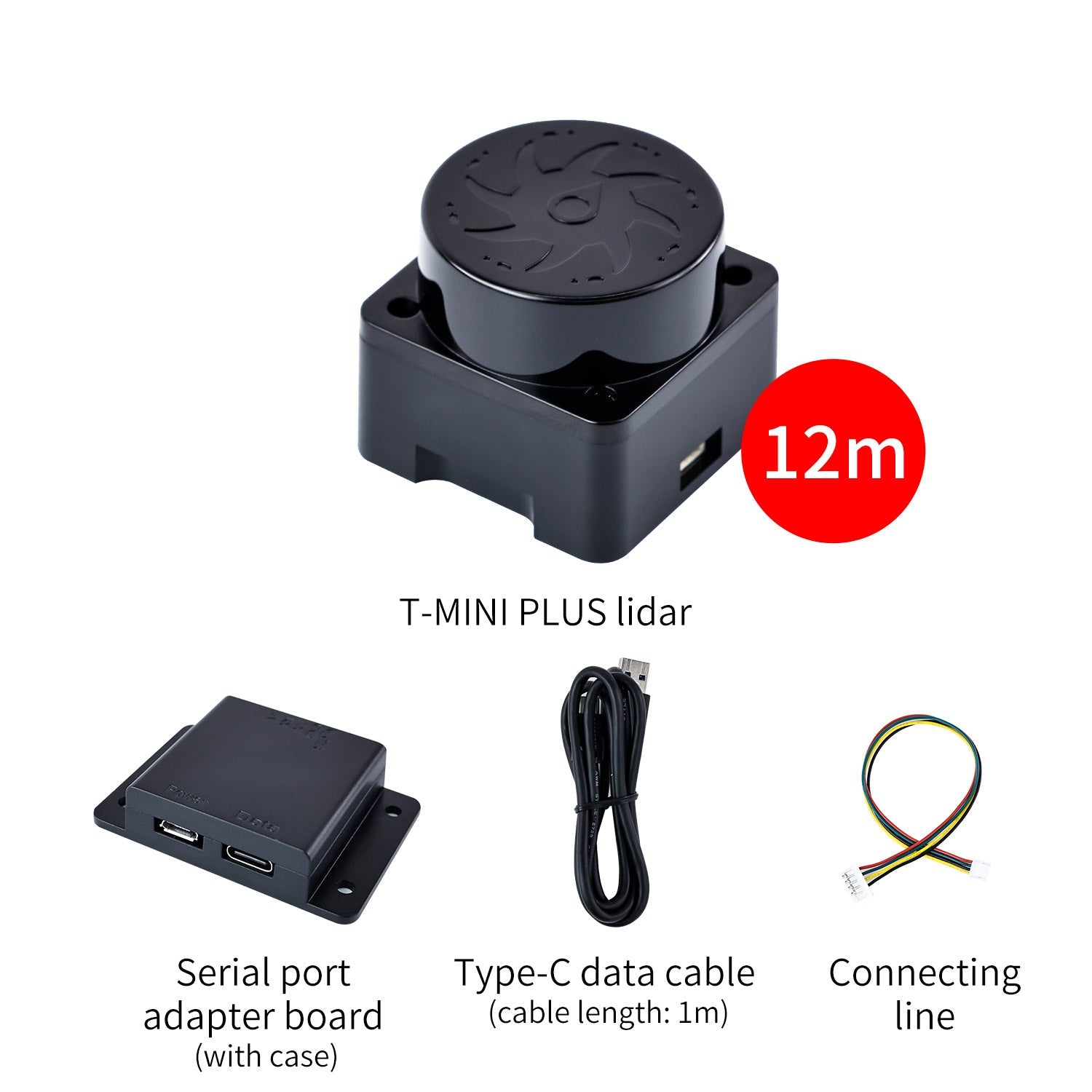 T-MINI PLUS lidar 12m kit contents: sensor, serial port adapter board with case, Type-C cable, connecting line
