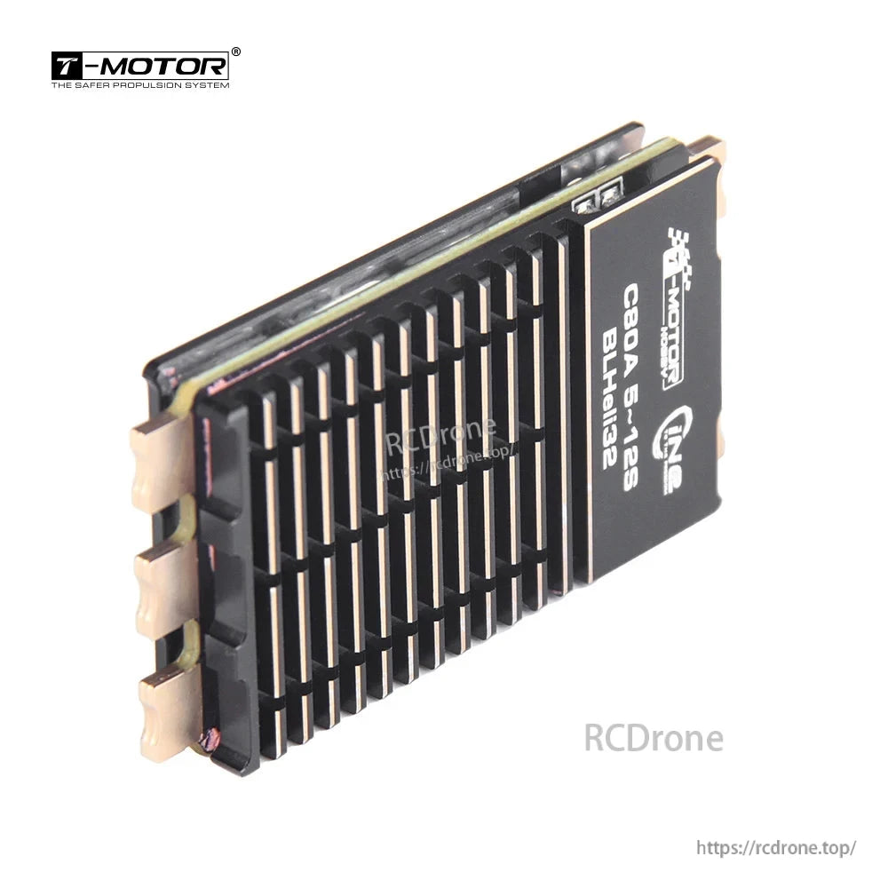 T-MOTOR C80A CINE Series ESC, T-MOTOR C80A 5–12S BLHeli32 ESC module with finned heatsink and solder tabs for drone power wiring