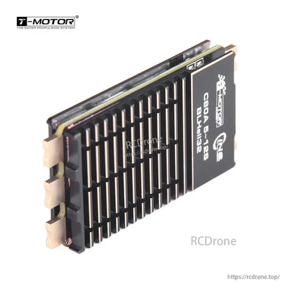 T-MOTOR C80A CINE Series ESC, T-MOTOR C80A 5–12S BLHeli32 ESC module with finned heatsink and solder tabs for drone power wiring