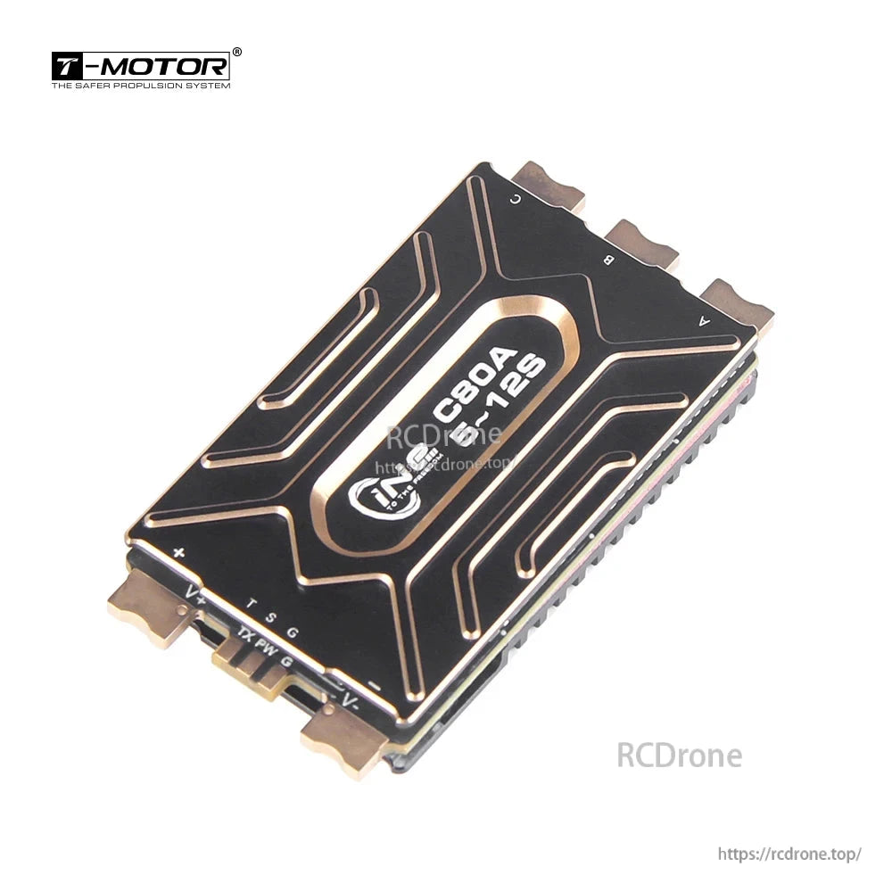 T-MOTOR C80A CINE Series ESC, T-MOTOR C80A 5–12S drone ESC module with black and gold heatsink top plate and labeled terminals