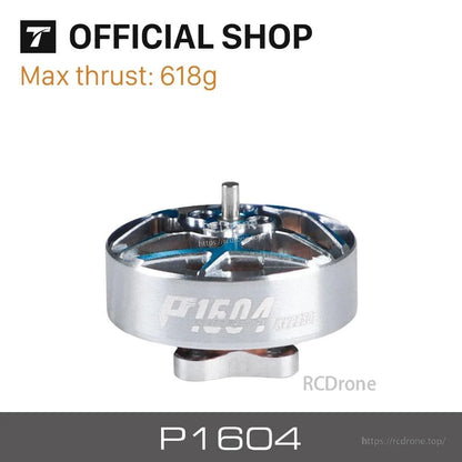 T-MOTOR P1604 spec graphic showing motor photo and text 'Max thrust: 618g'