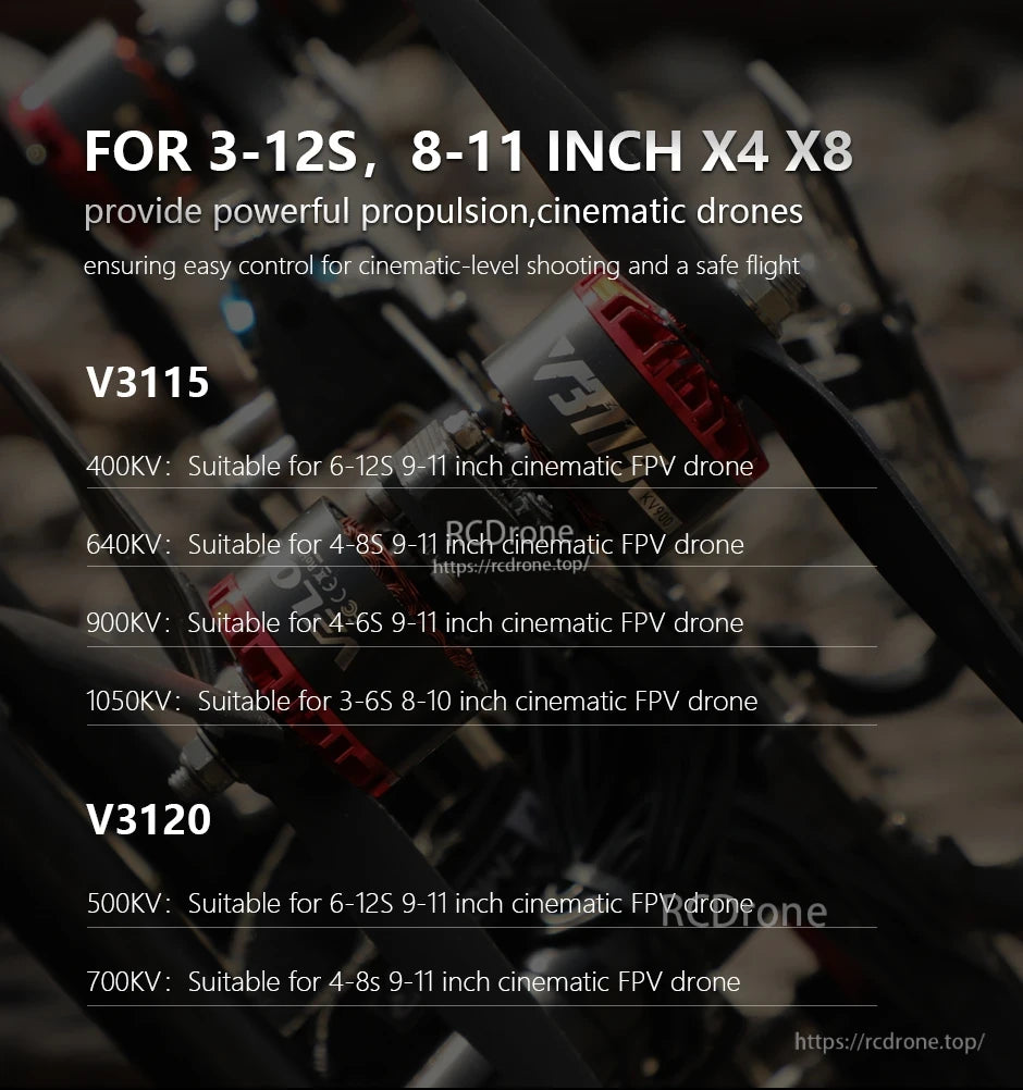 T-MOTOR V3115 and V3120 motors, suitable for 3-12S, 8-11 inch FPV drones, offer powerful propulsion, smooth control, and safe flight performance for cinematic use.