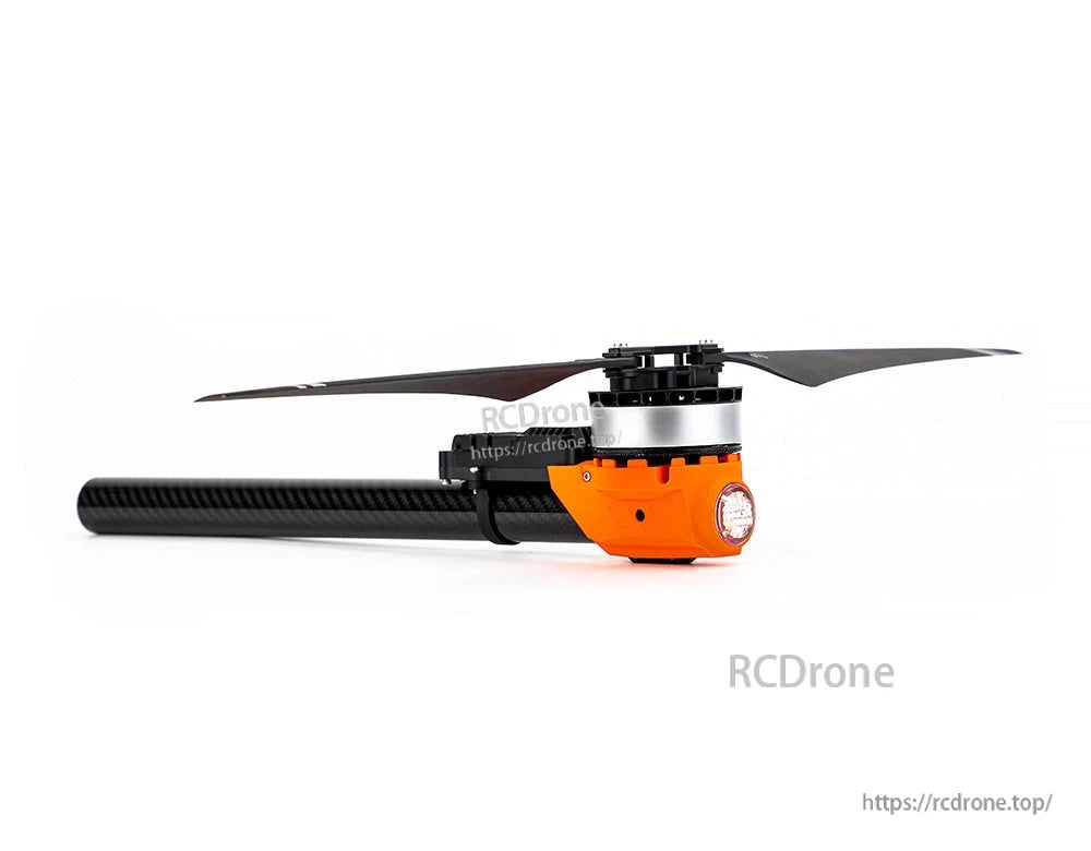 T-Motor A6 KV180 modular drone propulsion unit with two-blade propeller, orange motor housing, and carbon tube mount