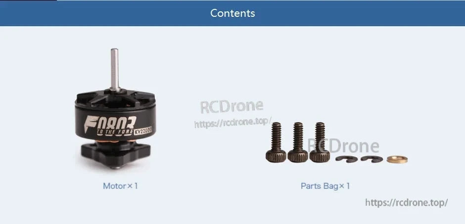 T-Motor F1003 brushless drone motor with mounting screws, circlips, and washer parts bag