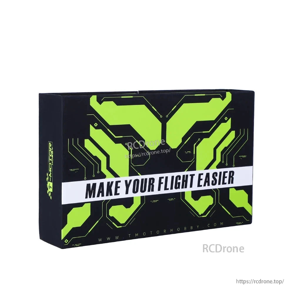 T-Motor product packaging box with green circuit-style graphics and “MAKE YOUR FLIGHT EASIER” text
