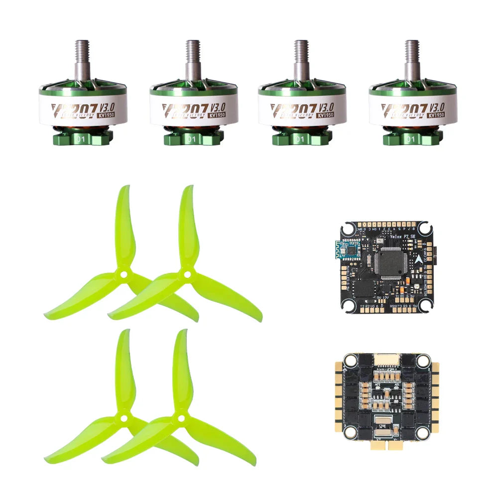 T-Motor, FPV drone power kit with four Velox 2207 V3.0 1950KV motors, green tri-blade props, FC and 4-in-1 ESC