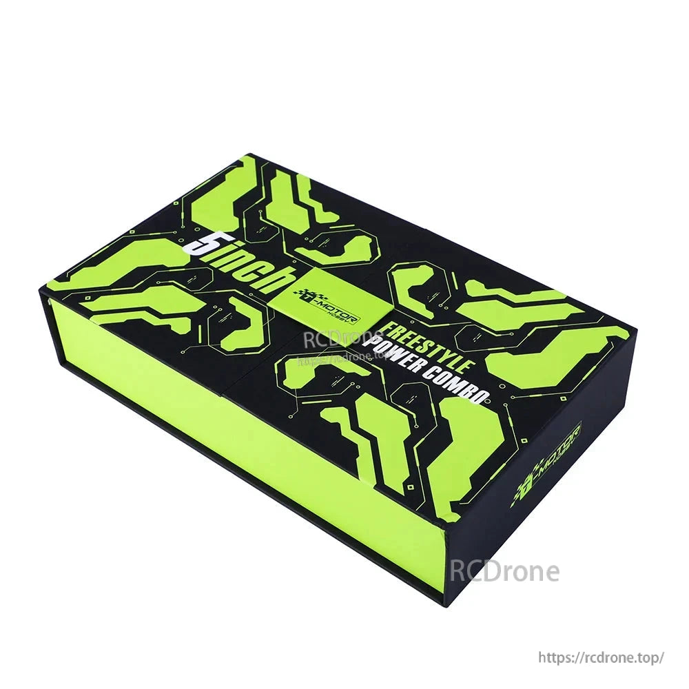 T-Motor freestyle power combo packaging box in black and neon green with circuit-style graphics