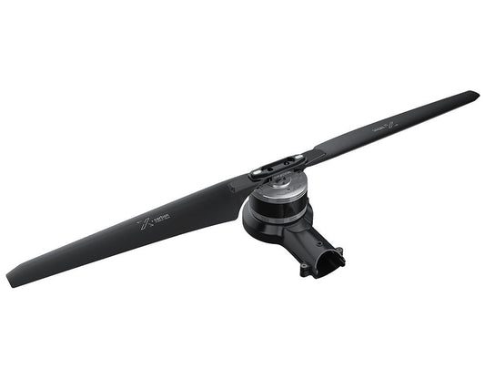 T-Motor brushless motor with black carbon fiber propeller blades and mounting hub assembly