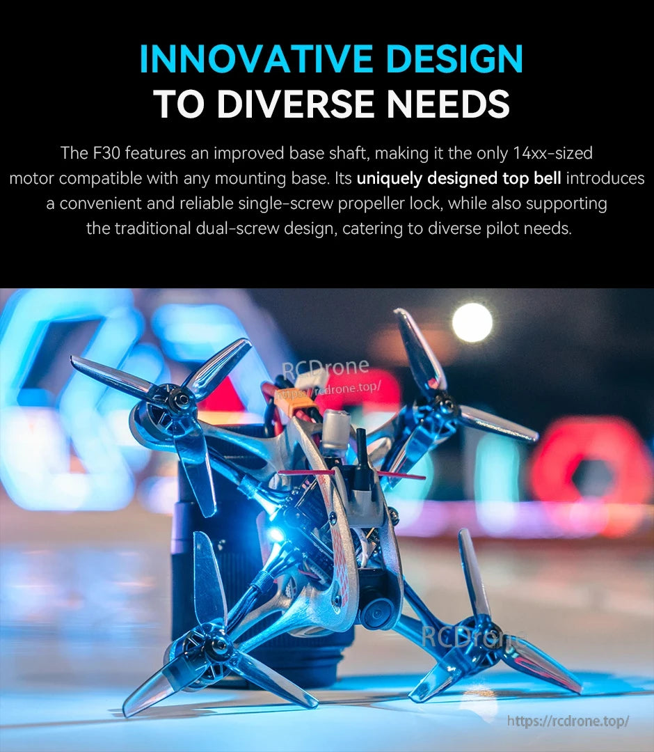 T-Motor F30 motor design graphic with FPV quadcopter, noting improved base shaft and single- or dual-screw prop lock