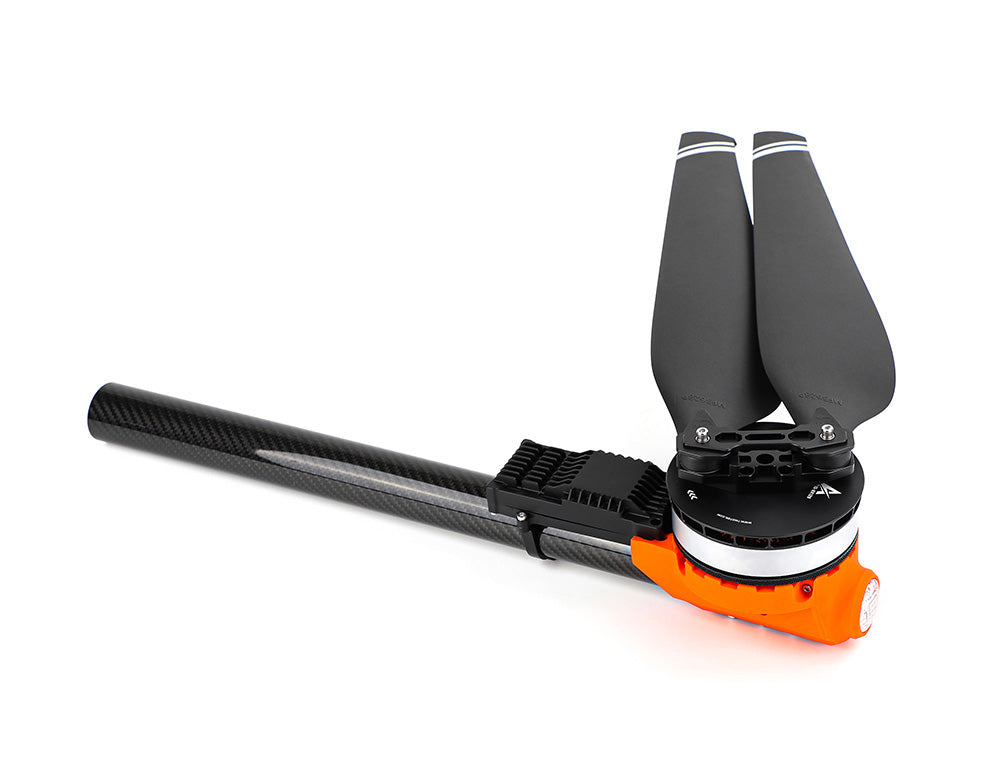 T-Motor UAV propulsion arm with carbon fiber tube, orange mount, and brushless motor with two-blade propeller