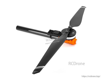 T-Motor drone motor with two-blade propeller mounted on a carbon fiber arm and orange housing
