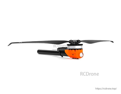 T-Motor drone rotor assembly with black two-blade propeller, orange motor housing, and carbon fiber arm tube