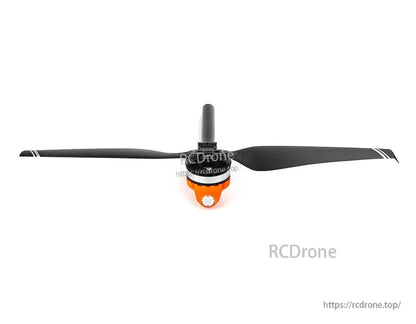 T-Motor brushless drone motor with black two-blade propeller and orange base, front view