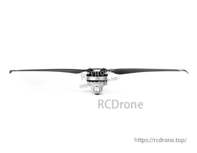 T-Motor brushless drone motor with long black propeller mounted, front view on white background