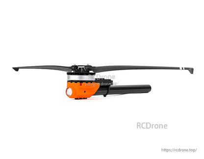 T-Motor drone propulsion unit with long black propeller, orange motor housing, and carbon fiber arm