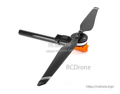 T-Motor brushless drone motor with two-blade propeller mounted on a carbon fiber arm and orange mount