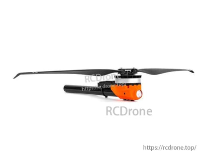 T-Motor brushless UAV motor with two-blade propeller, orange housing, and long black mounting tube